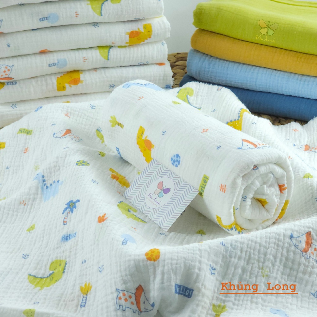 Vải Xô Muslin 2 lớp Siêu Mềm họa tiết Khủng Long may khăn Chăn cho bé