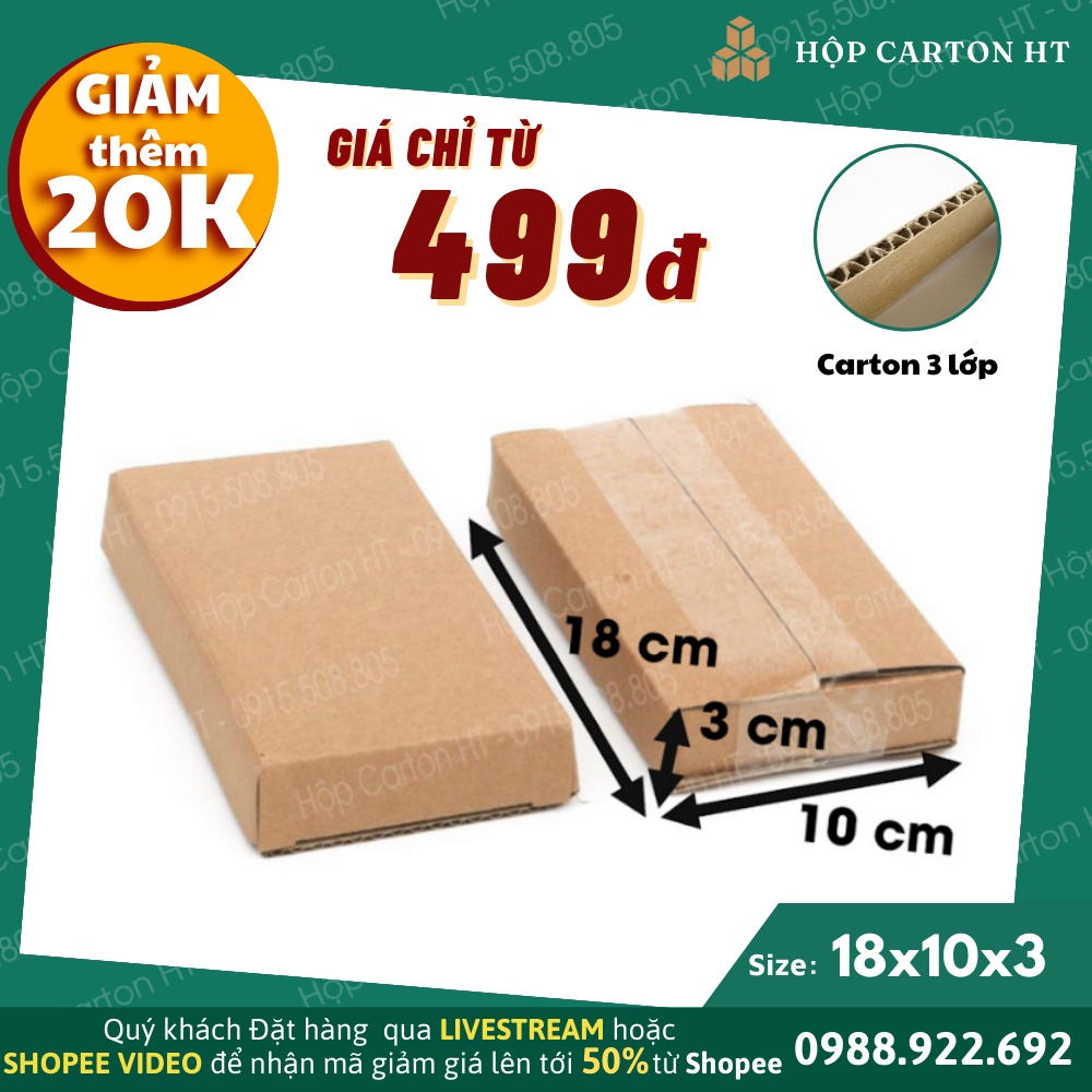 Combo 100 Hộp Carton Đóng Hàng 18x10x3 Chất Liệu Carton 3 Lớp Dày Dặn Dùng Gói Đơn COD - Hộp Carton HT