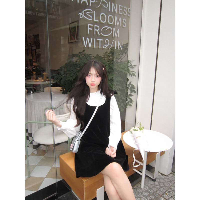 Set váy yếm nhung áo sơ mi tay bồng dáng váy tiểu thư đầm đi chơi