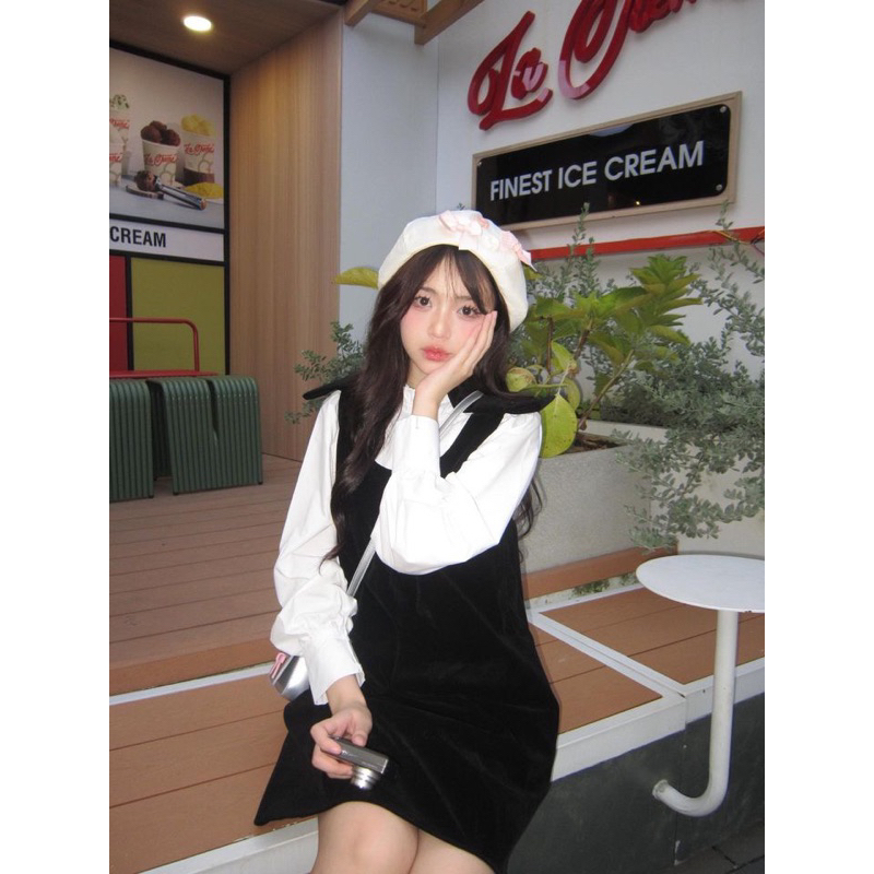 Set váy yếm nhung áo sơ mi tay bồng dáng váy tiểu thư đầm đi chơi