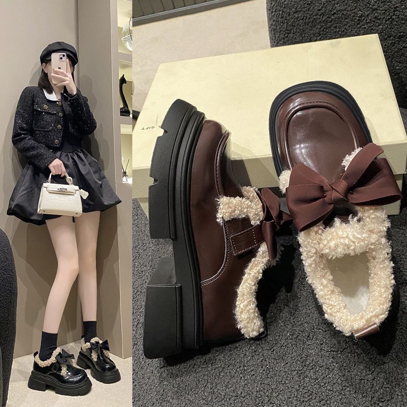 Giày lolita mũi tròn cổ lông gắn nơ phong cách Nhật Bản dễ thương thời trang hottrend dành cho nữ