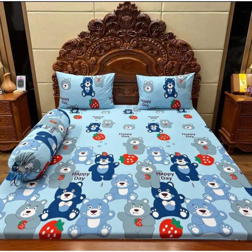 Gấu dâu Happy day, bộ ga thun hàn quốc không xù lông, không ra màu