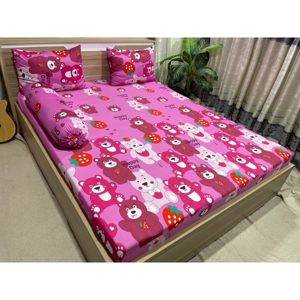 Gấu dâu Happy day, bộ ga thun hàn quốc không xù lông, không ra màu