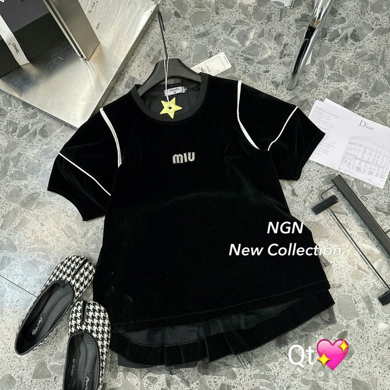 Set Nhung Miuiu Chân Váy Phối Lưới Kiều Trang Basic