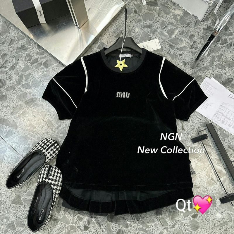 Set Nhung Miuiu Chân Váy Phối Lưới Kiều Trang Basic