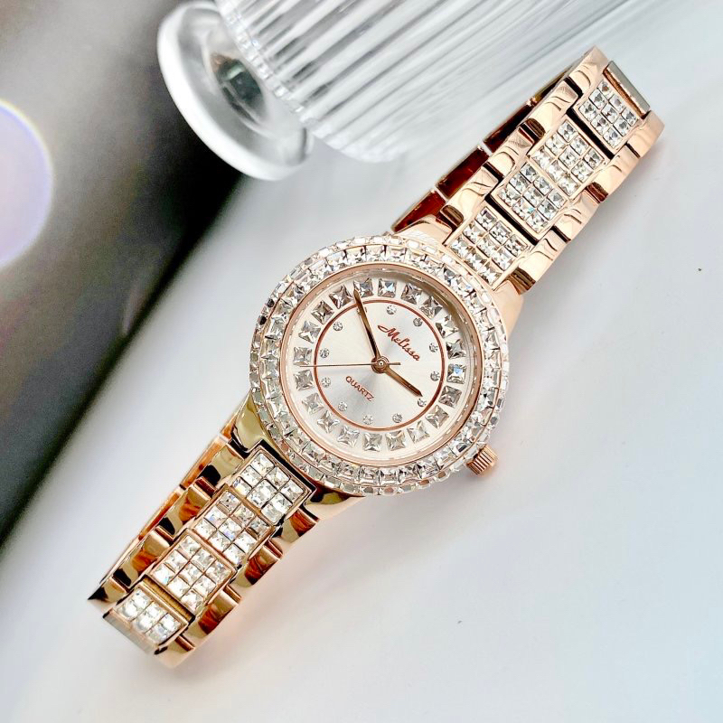 Đồng hồ nữ Melissa 6356 mặt tròn đính đá dây kim loại chính hãng