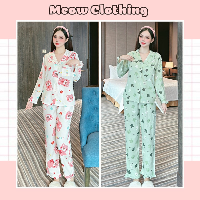 Đồ Mặc Nhà, Bộ Ngủ Nữ, Pijama Tay Dài Chất Liệu Đũi Xốp Hàn Freesize