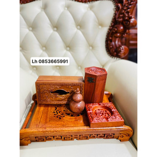 Combo 5 món khay trà,gạt tàn rồng,hộp chè chữ phúc,lọ tăm,hộp giấy ăn long phụng gỗ hương giá rẻ