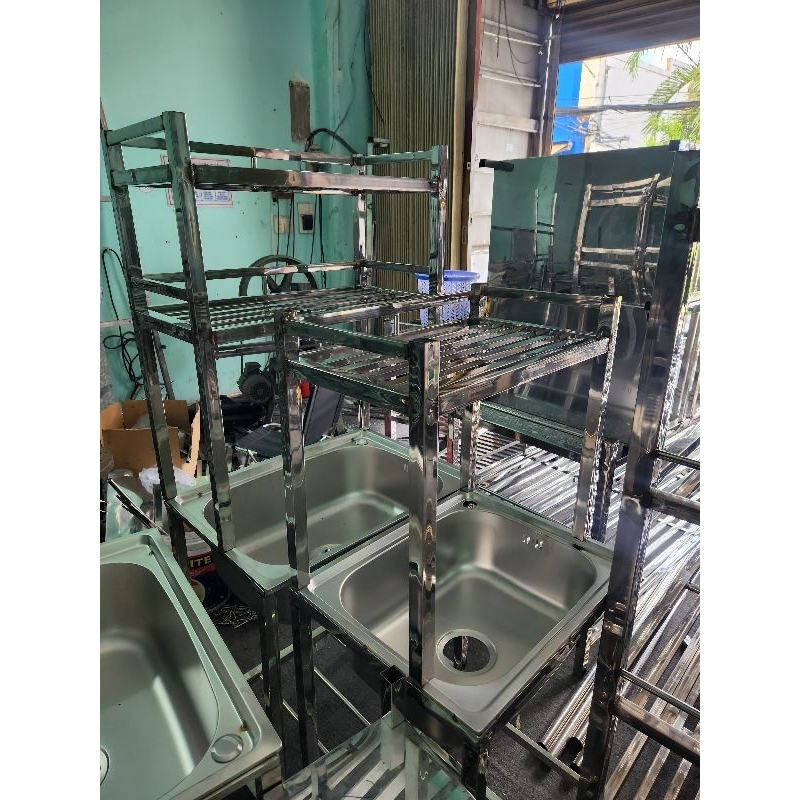 Chân inox + bồn rửa inox + kệ chén trên SHIP HỎA TỐC TPHCM