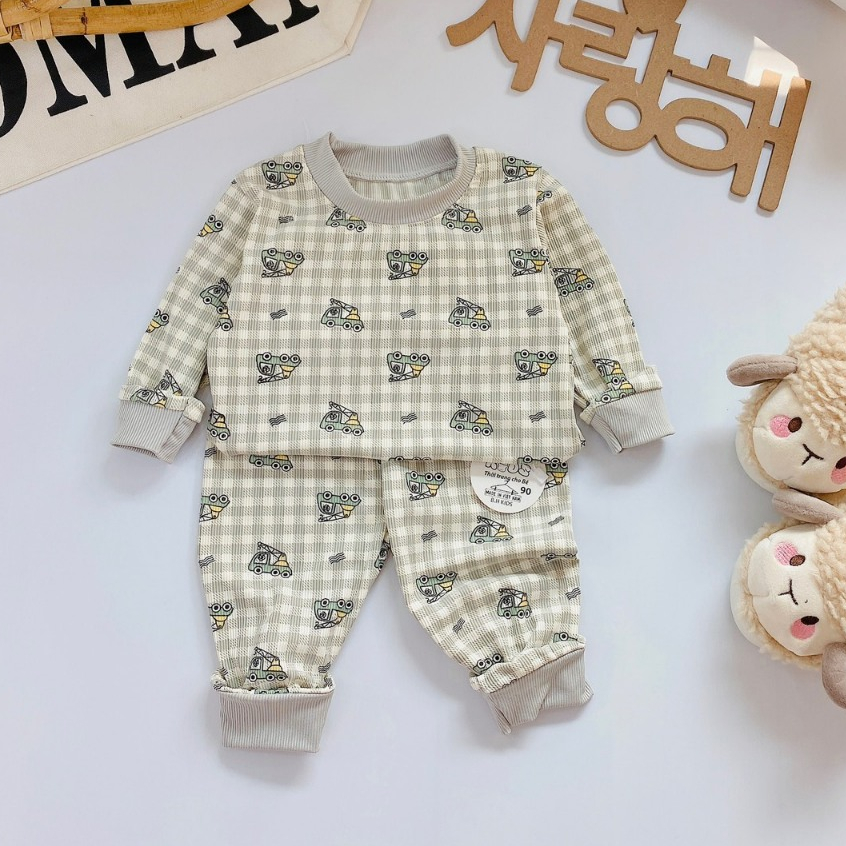 Bộ quần áo thu đông, mặc điều hòa, dài tay, kẻ caro, chất thun tăm, cho bé trai, bé gái – BD013