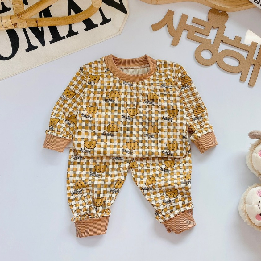 Bộ quần áo thu đông, mặc điều hòa, dài tay, kẻ caro, chất thun tăm, cho bé trai, bé gái – BD013