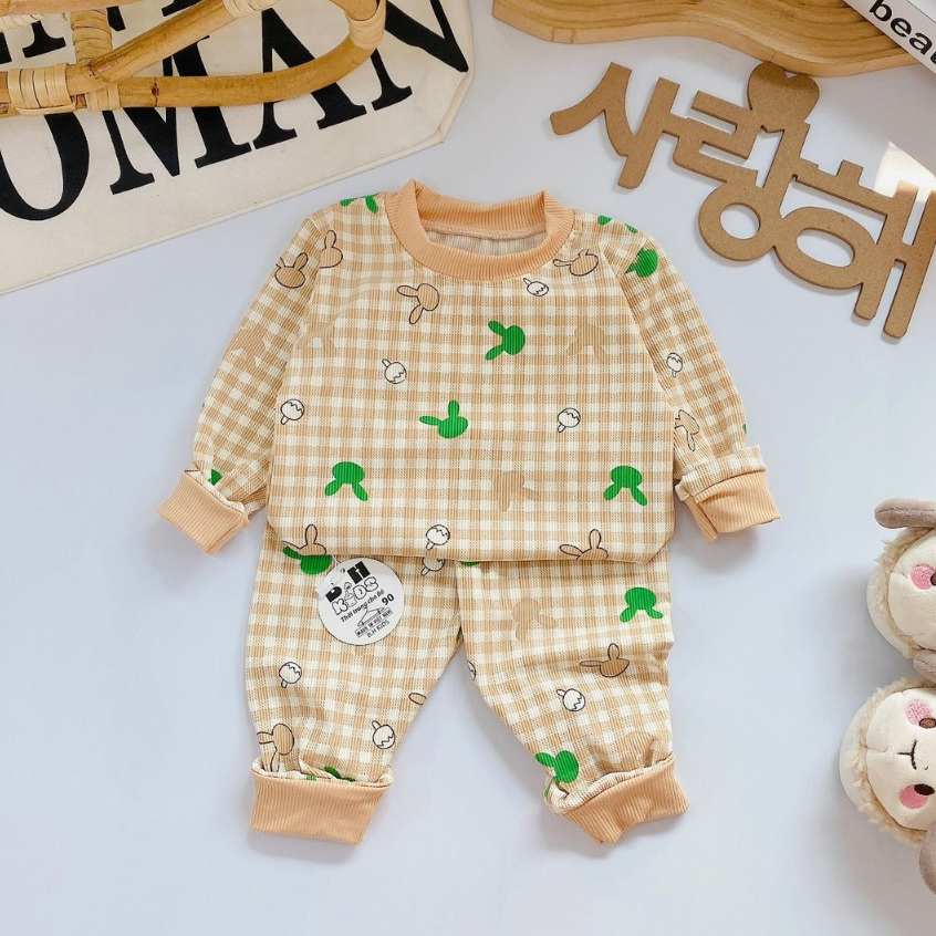 Bộ quần áo thu đông, mặc điều hòa, dài tay, kẻ caro, chất thun tăm, cho bé trai, bé gái – BD013