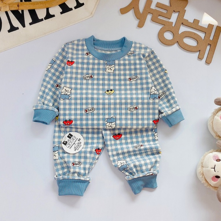 Bộ quần áo thu đông, mặc điều hòa, dài tay, kẻ caro, chất thun tăm, cho bé trai, bé gái – BD013