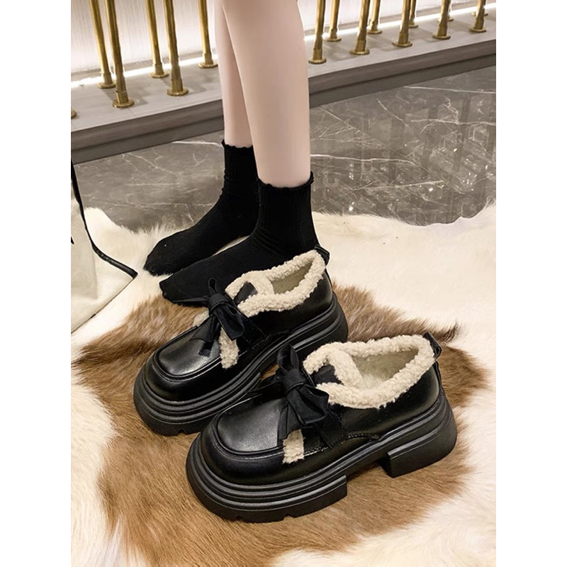 Giày lolita mũi tròn cổ lông gắn nơ phong cách Nhật Bản dễ thương thời trang hottrend dành cho nữ