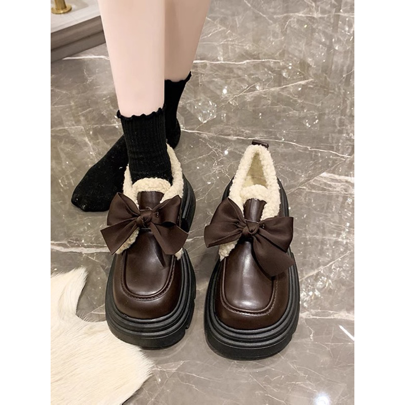 Giày lolita mũi tròn cổ lông gắn nơ phong cách Nhật Bản dễ thương thời trang hottrend dành cho nữ