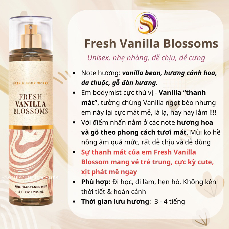 Body mist Fresh Vanilla Blossoms xịt thơm toàn thân Bath & Body Works  | Soul Scent