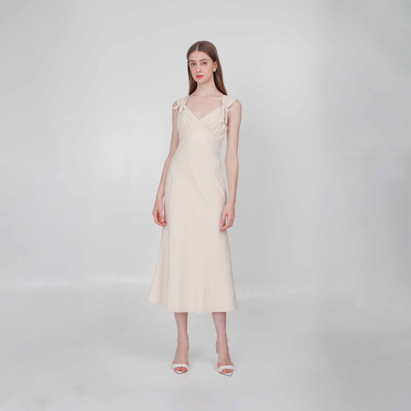 Linen Bow Shoulder Dress -  Váy Linen kèm nơ rời ở vai