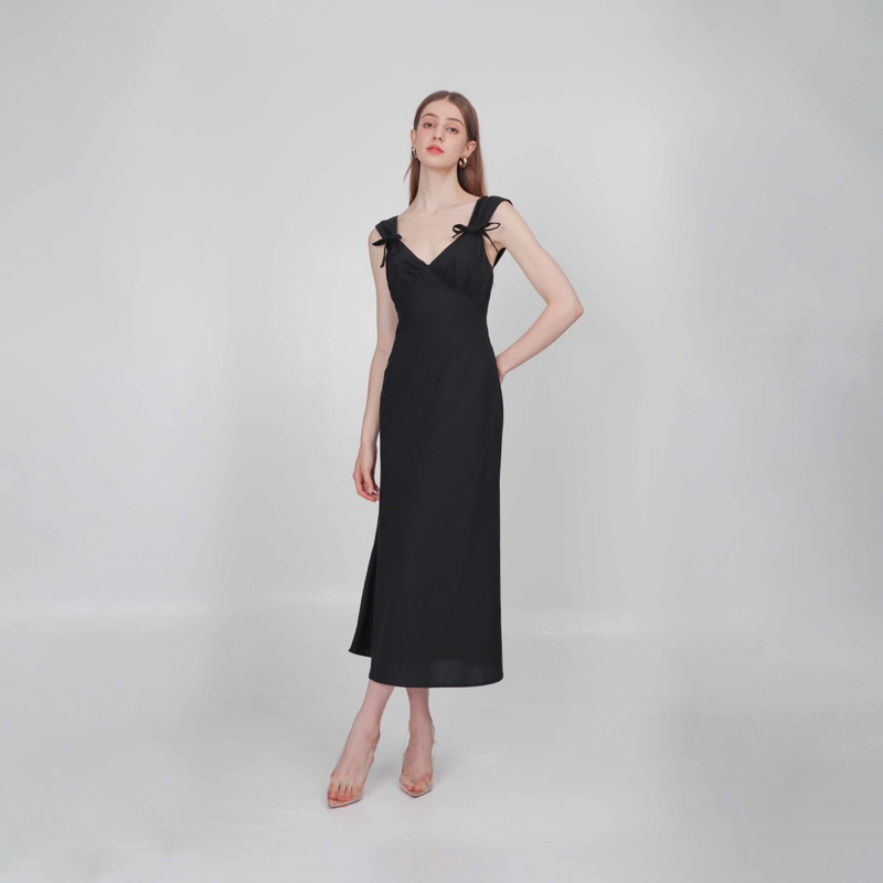 Linen Bow Shoulder Dress -  Váy Linen kèm nơ rời ở vai