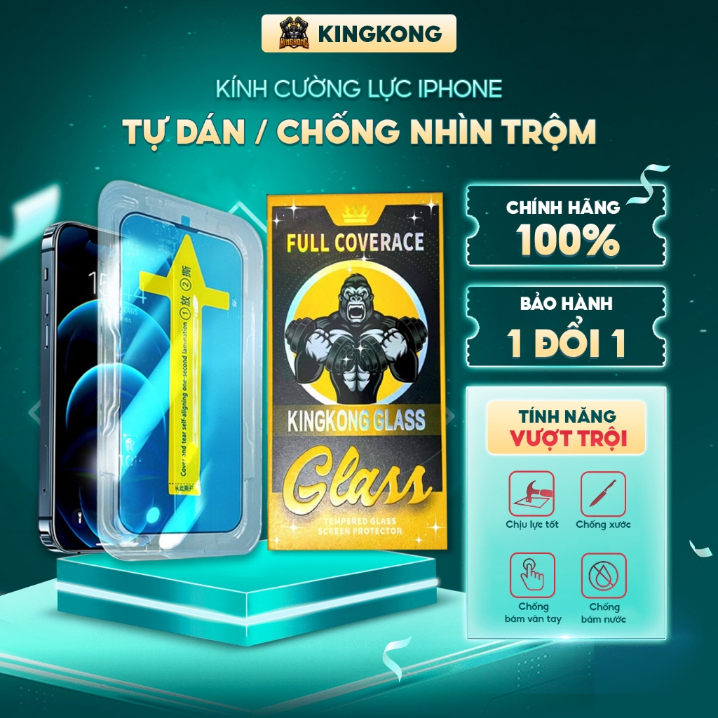 Cường lực iphone Kingkong chống nhìn trộm khung tự dán cao cấp, ip 11 12 13 14 Pro max, xs max