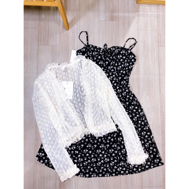 Set đầm váy 2 dây hoa khoác cardigan bèo