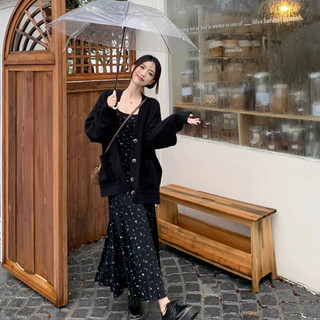 Áo khoác cardigan len dài tay, Set áo cardigan len + váy 2 dây hoa nhí dáng dài hàng order taobao