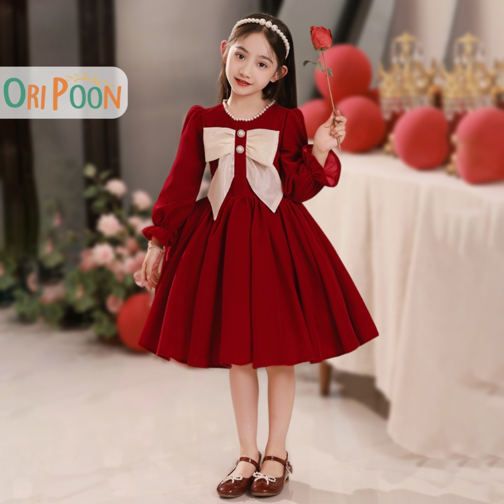 Đầm Váy Công Chúa Cho Bé Oripoon Dáng Xòe Dài Tay Vải Nhung Đỏ Đính Nơ Dễ Thương, Váy Bé Gái Mặc Noel Mặc Tết