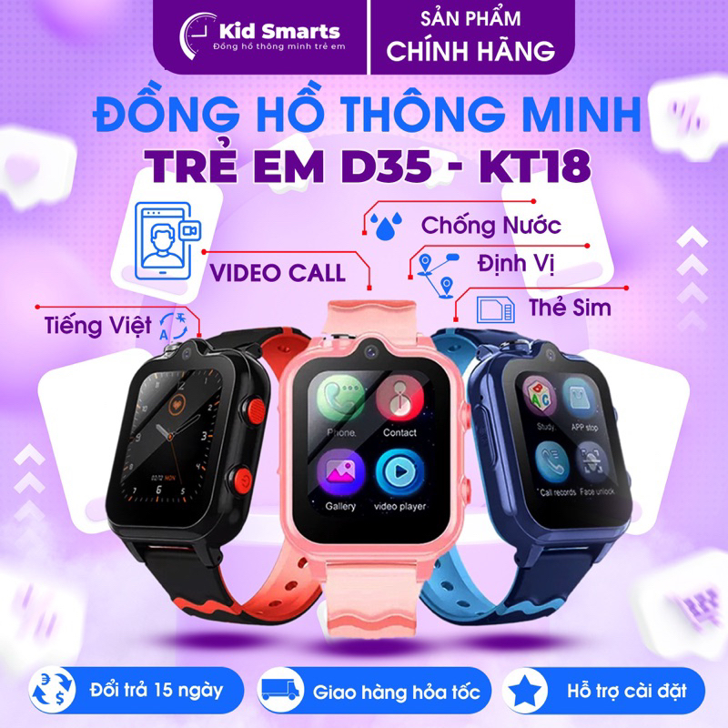 đồng hồ định vị video call. khoanh vùng an toàn camera kép (D35) tặng dây và củ sạc