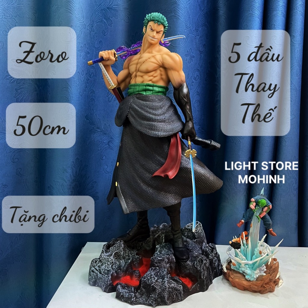 [50CM] MÔ HÌNH NHÂN VẬT ZORO TRONG ANIME ONE PIECE, SƯU TẦM TRANG TRÍ DECOR, 5 ĐẦU THAY THẾ, LIGHT S