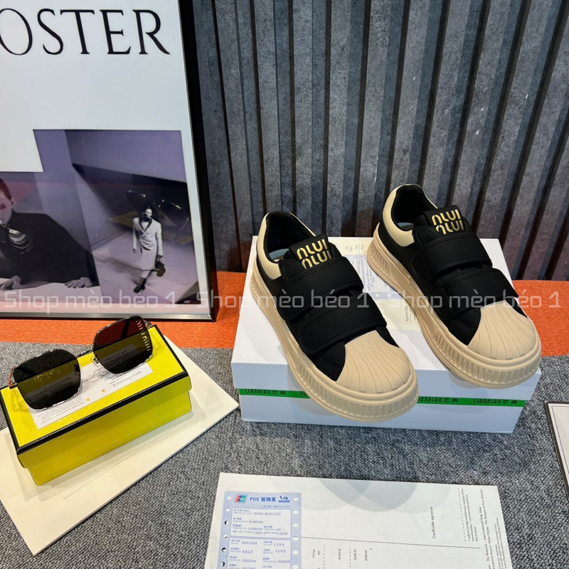 Giày slip on miu hai quai dán ngang đế nâu fullbox hàng quảng châu cao cấp