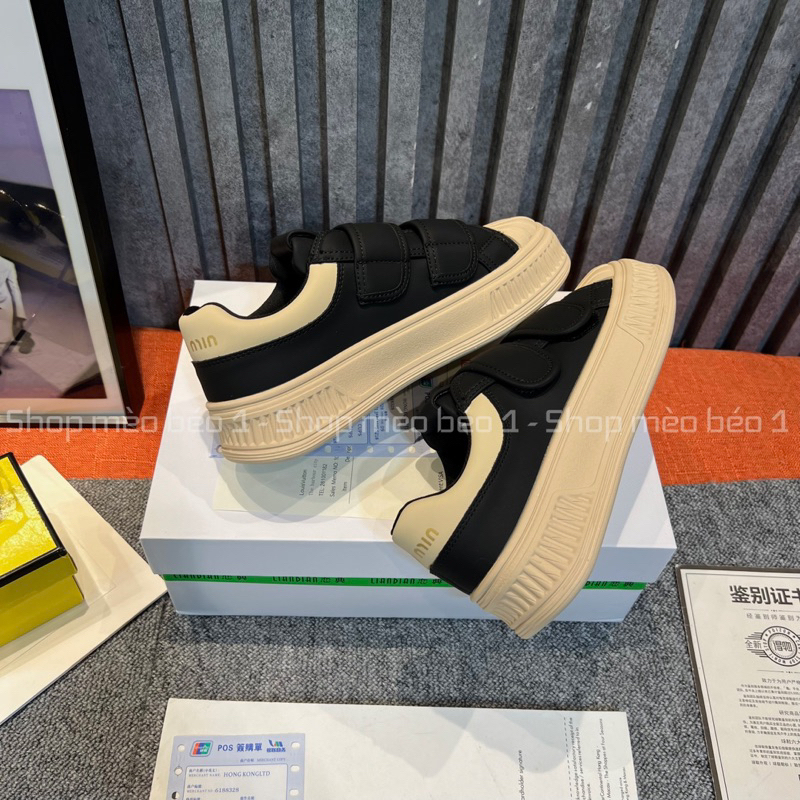 Giày slip on miu hai quai dán ngang đế nâu fullbox hàng quảng châu cao cấp