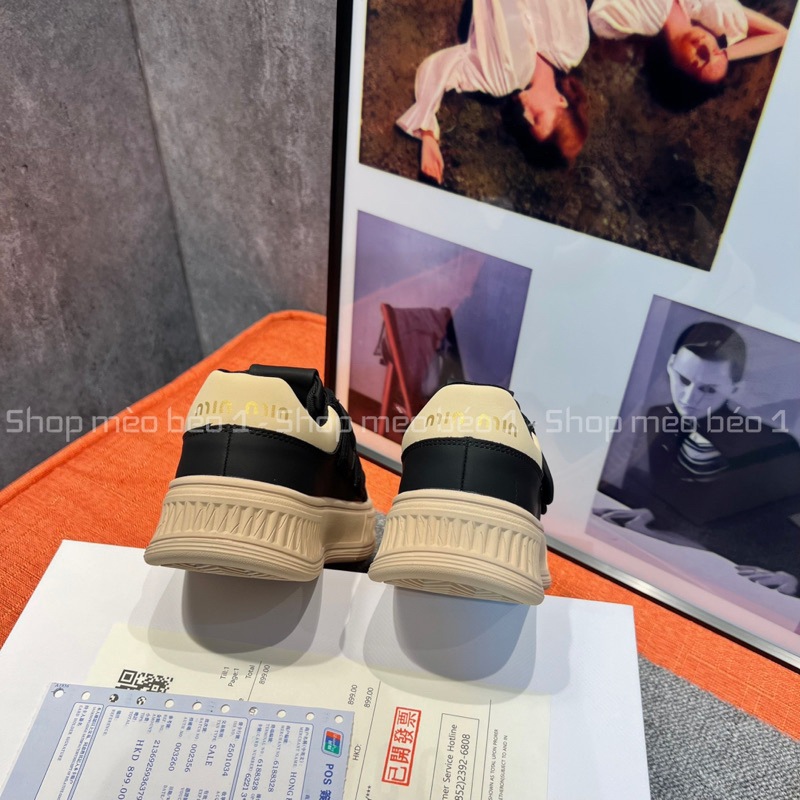 Giày slip on miu hai quai dán ngang đế nâu fullbox hàng quảng châu cao cấp