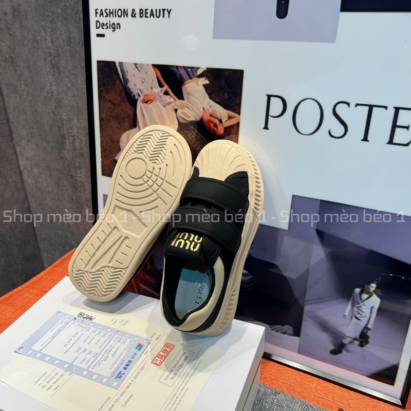 Giày slip on miu hai quai dán ngang đế nâu fullbox hàng quảng châu cao cấp