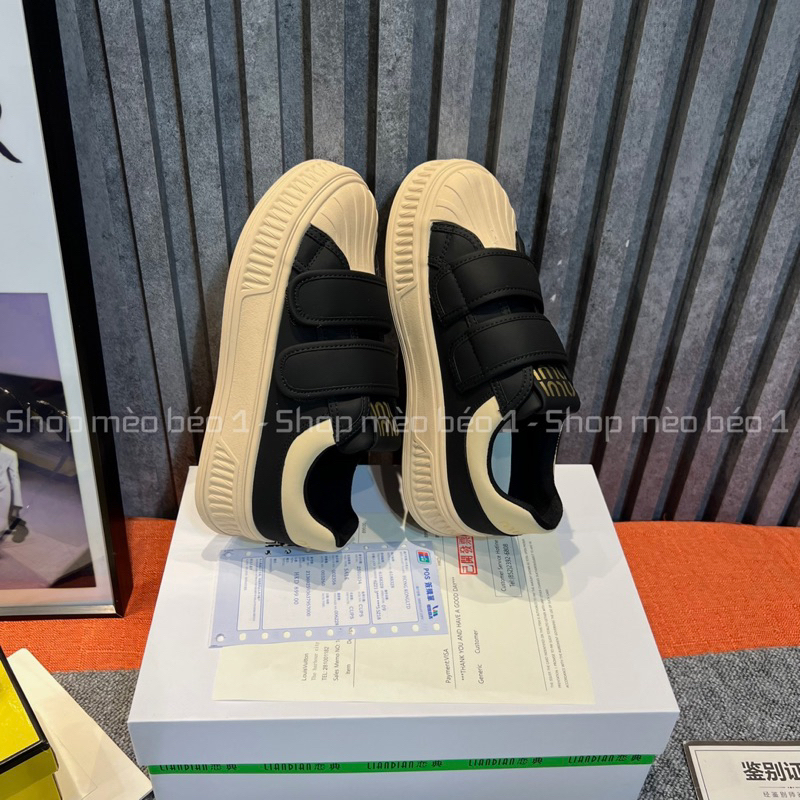 Giày slip on miu hai quai dán ngang đế nâu fullbox hàng quảng châu cao cấp