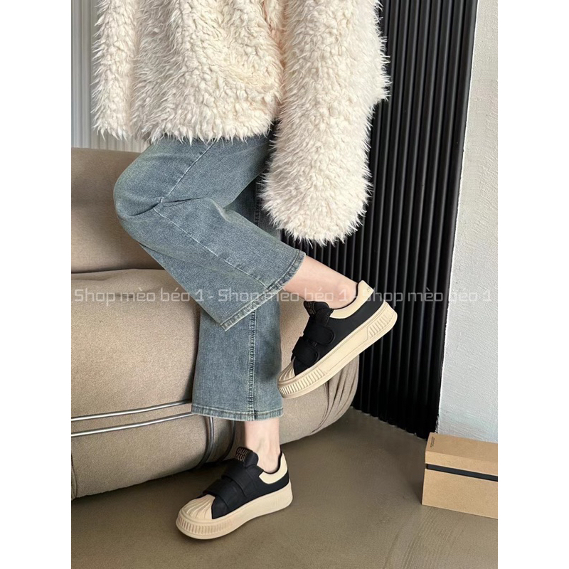 Giày slip on miu hai quai dán ngang đế nâu fullbox hàng quảng châu cao cấp