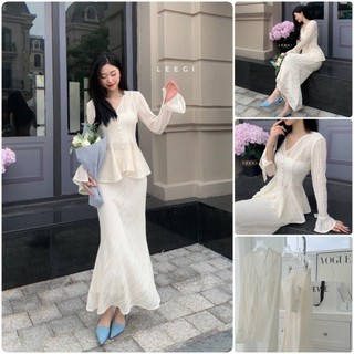 SET ÁO REN TRẮNG CỔ KÈM CROP 2 DÂY TRẮNG + CHÂN VÁY MIDI ĐUÔI CÁ
