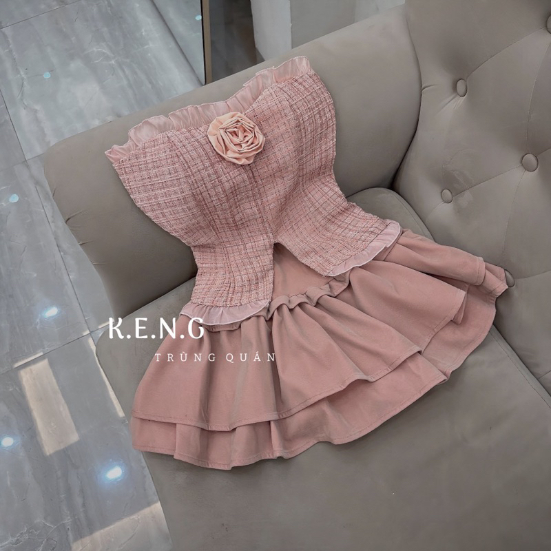 Set áo dạ chun lưng phối chân váy nhung xoè siêu xinh