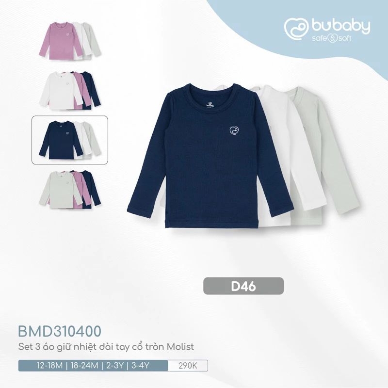 Áo giữ nhiệt Bu Baby Molist dài tay cổ tròn cho bé trai, bé gái