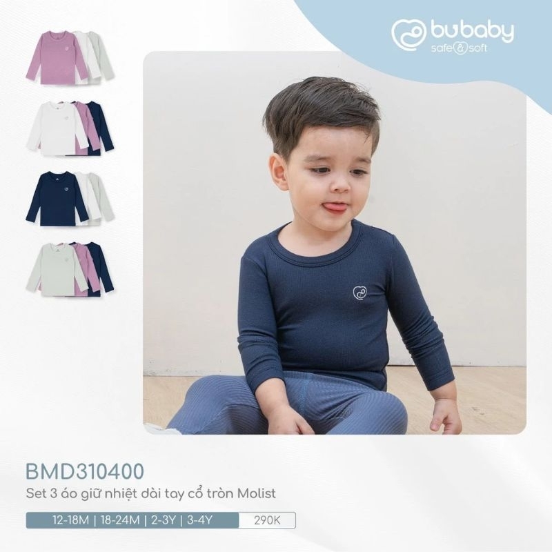 Áo giữ nhiệt Bu Baby Molist dài tay cổ tròn cho bé trai, bé gái