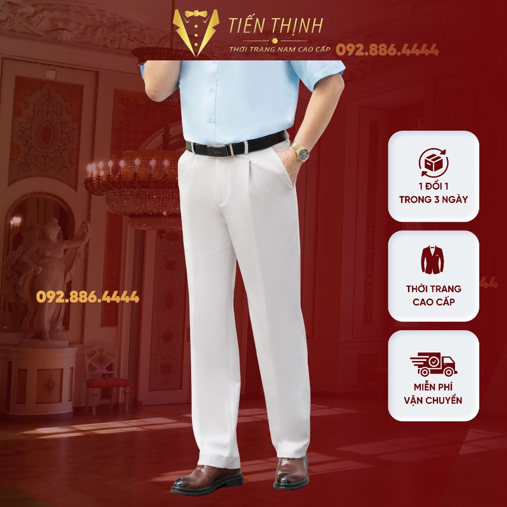 Quần Âu Nam Trung Niên Chất Vải Cashmere Cao Cấp Thấm Hút Tốt Màu Kem Sáng Phối Vest Trẻ Trung Sang Trọng