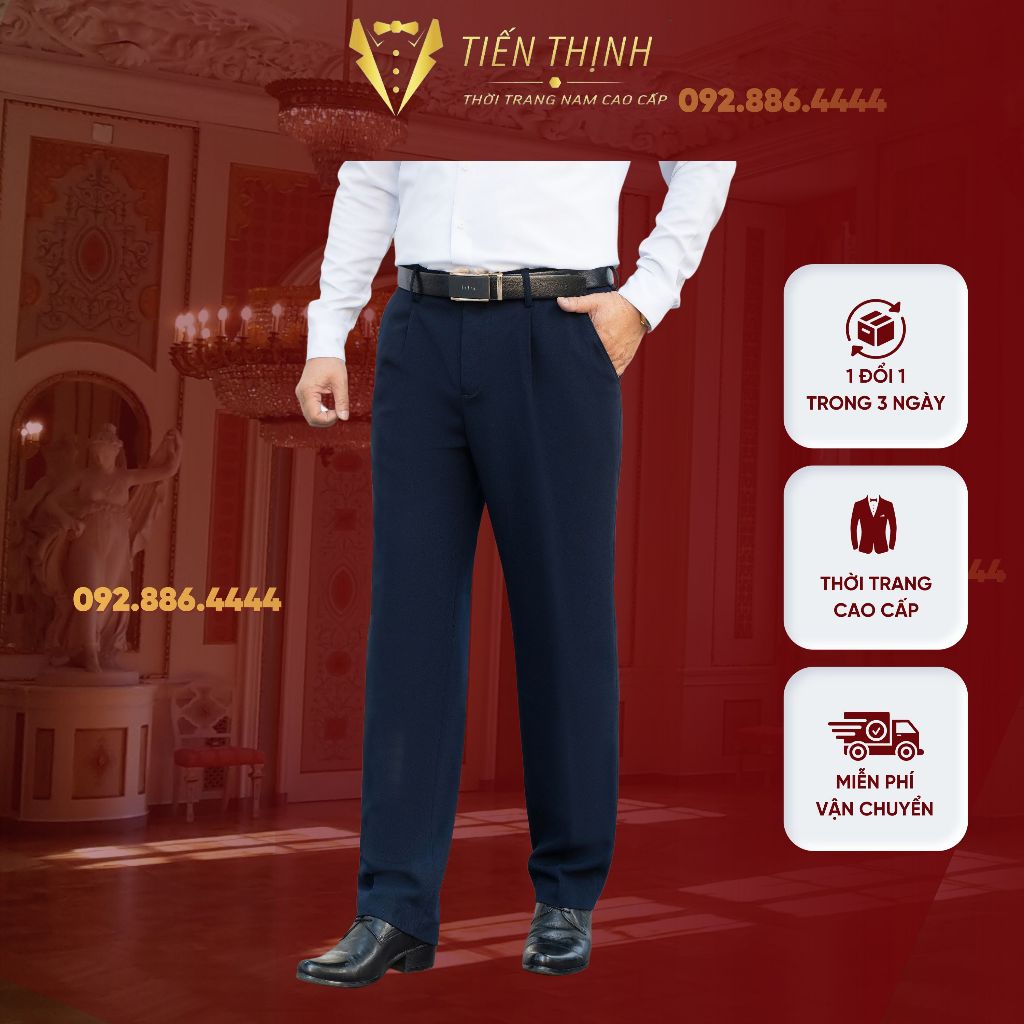 Quần Âu Nam Trung Niên Chất Vải Cashmere Cao Cấp Thấm Hút Tốt Màu Xanh Đen Phối Vest Trẻ Trung Sang Trọng