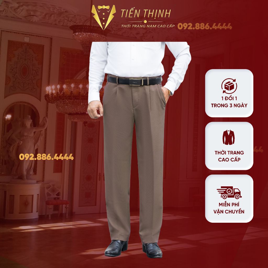 Quần Âu Nam Trung Niên Chất Vải Cashmere Cao Cấp Thấm Hút Tốt Màu Ghi Xám Phối Vest Trẻ Trung Sang Trọng