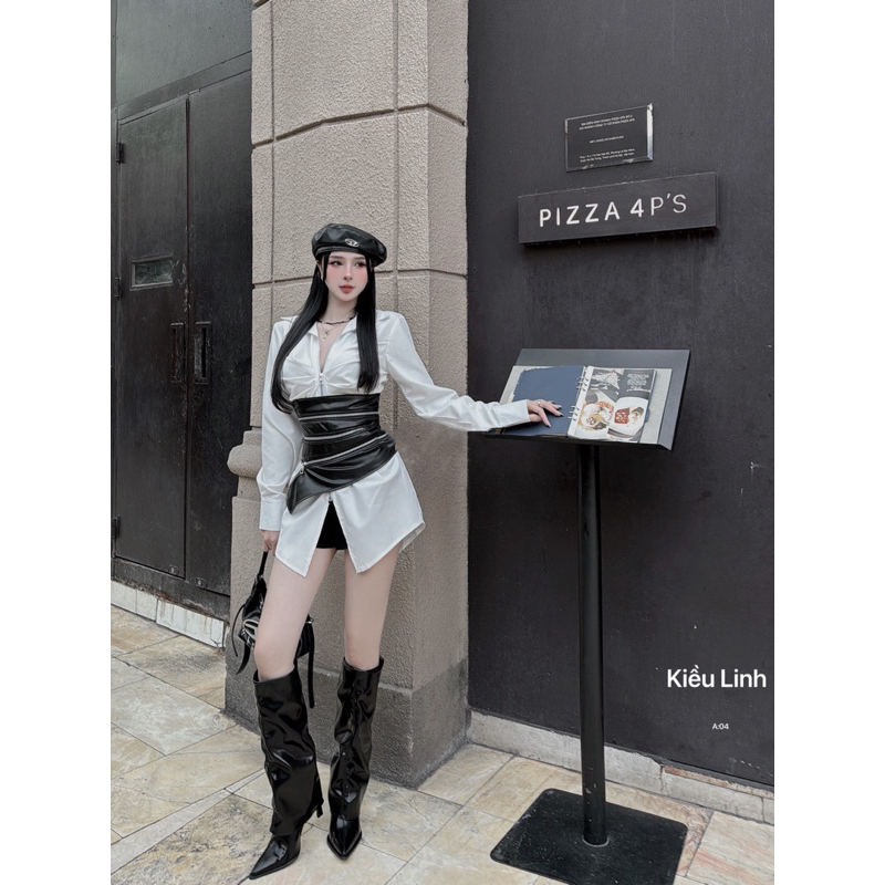 Set áo sơ mi khoá mix đai da siêu chất phong cách hotgirl dạo phố