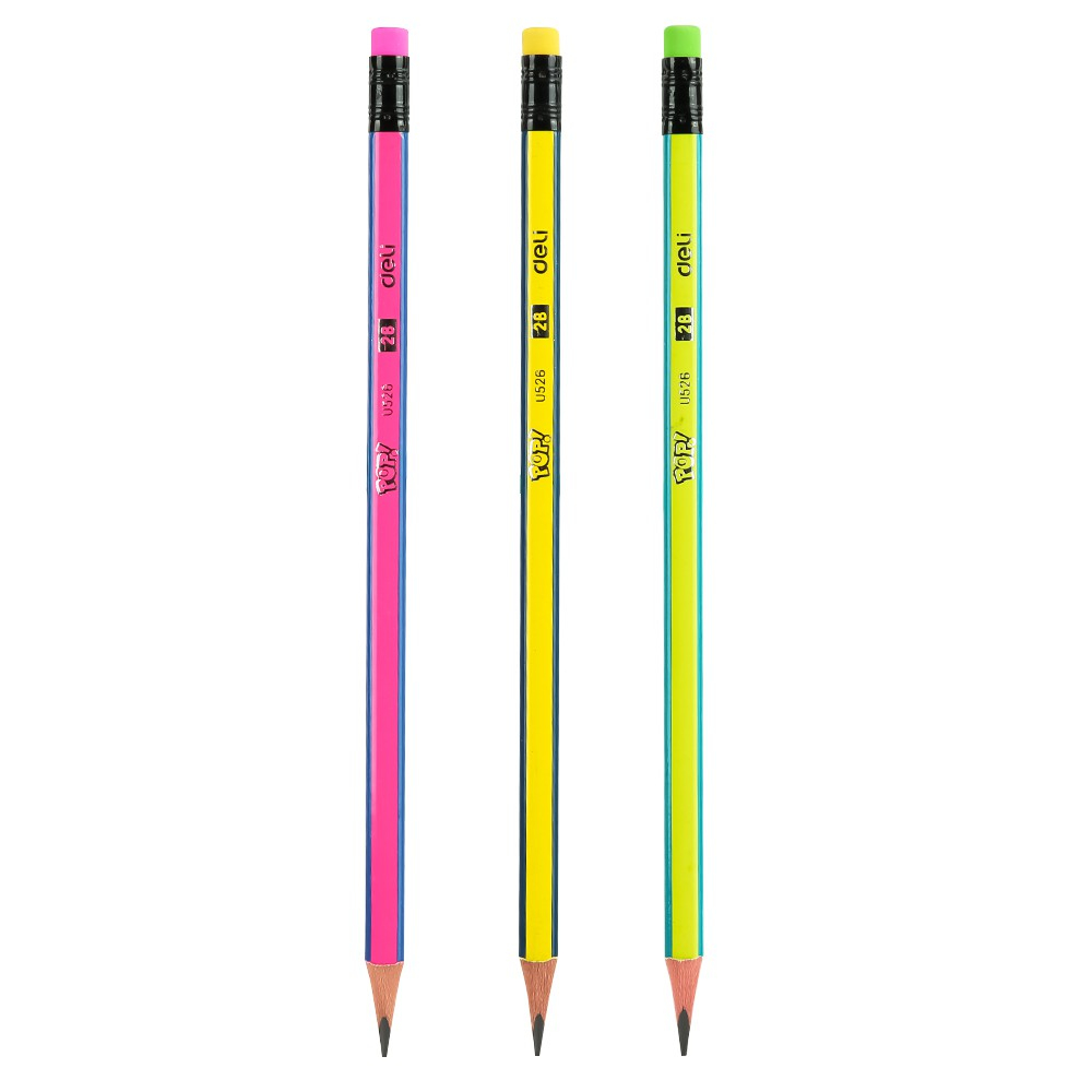 Bút chì 2B Deli U526 màu hồng, xanh dương, vàng / Bút chì 52606 có đầu tẩy
