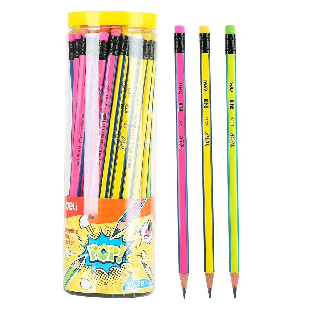 Bút chì 2B Deli U526 màu hồng, xanh dương, vàng / Bút chì 52606 có đầu tẩy