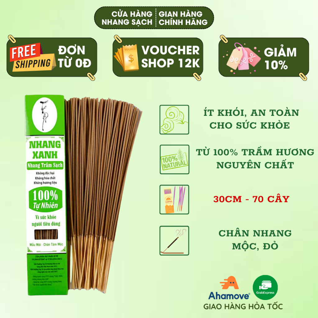 Nhang trầm hương Nhang Xanh hộp 50gr 30cm - 100% tự nhiên, hương trầm dịu nhẹ ít khói