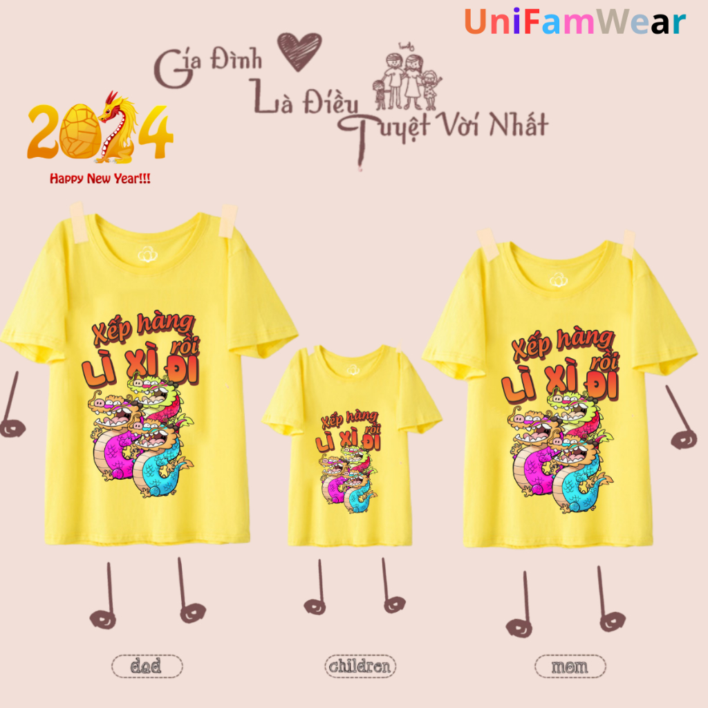 Áo Thun Gia Đình Tết ,Áo Thun Tết Xếp Hàng Lì Xì - UniFamWear , ATT03