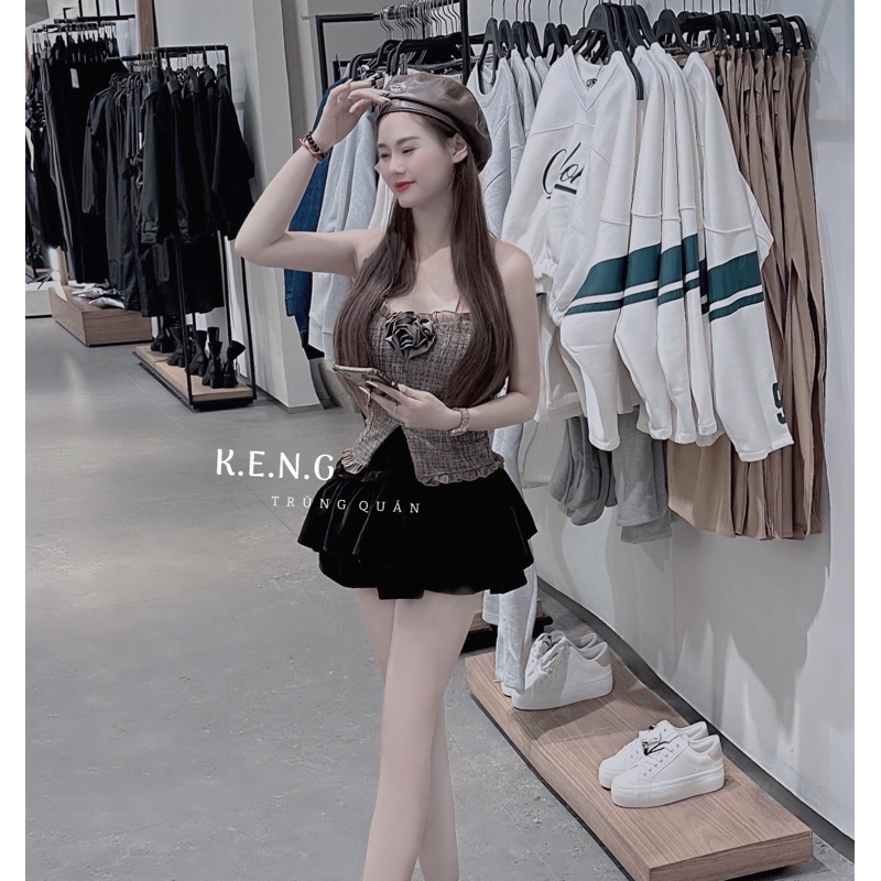 Set áo dạ chun lưng phối chân váy nhung xoè siêu xinh