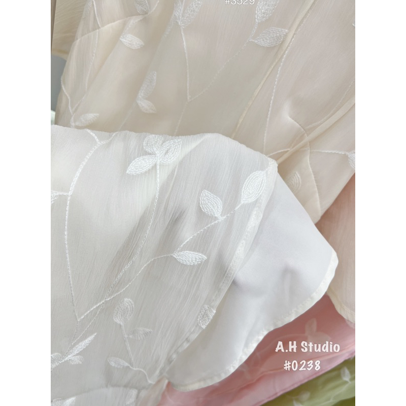 SET ÁO DÀI VOAN TƠ THÊU HOA LÁ TAY LỠ TẶNG BỜM TÓC siêu xinh