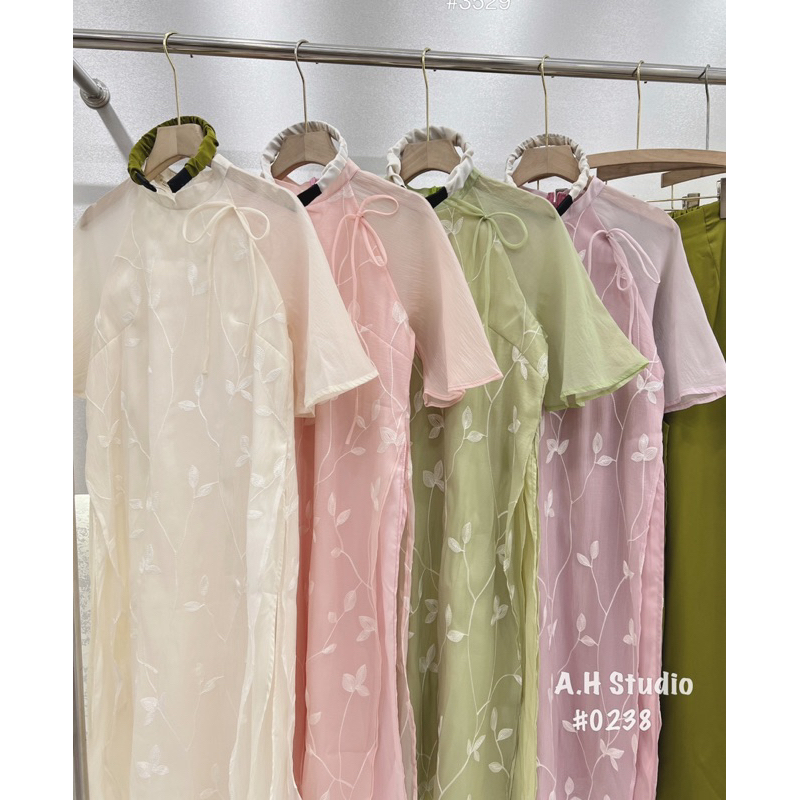 SET ÁO DÀI VOAN TƠ THÊU HOA LÁ TAY LỠ TẶNG BỜM TÓC siêu xinh