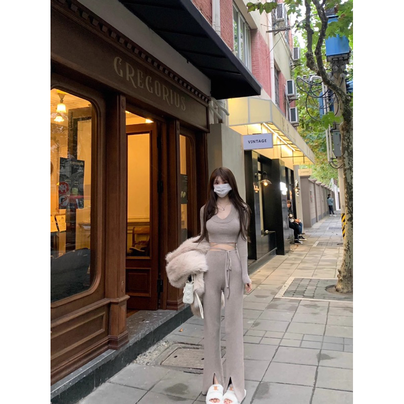 Set len quần dài thắt nơ